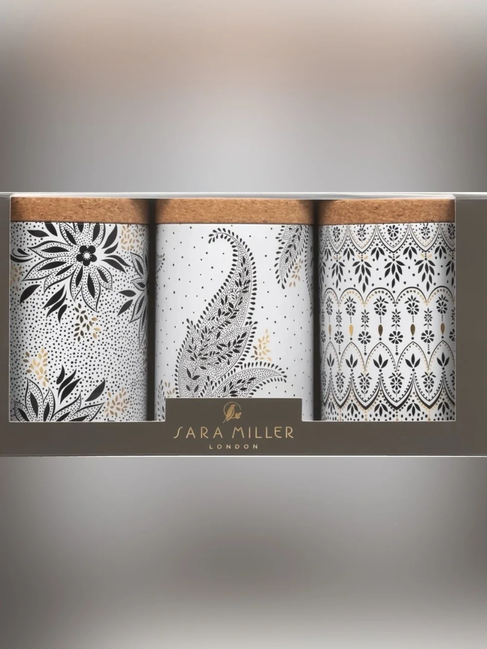 NIB Sara Miller Artisanne Noir Set of 3 Round Canisters